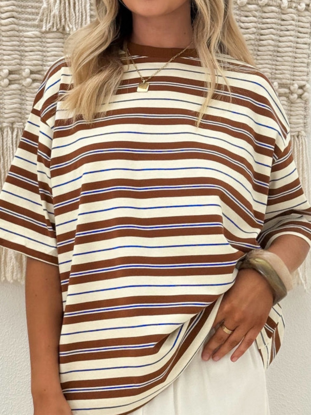 Sloane Striped Crewneck Tee - Brown & Cream - Picture 1 of 4